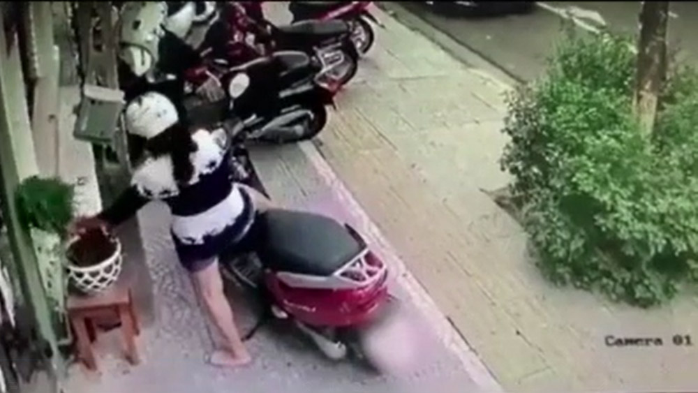 Giả vờ nghe điện thoại, người phụ nữ trộm cây cảnh trong nháy mắt