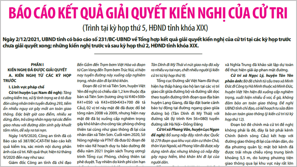 Báo cáo kết quả giải quyết kiến nghị của cử tri trình tại kỳ họp thứ 5, HĐND tỉnh khóa XIX
