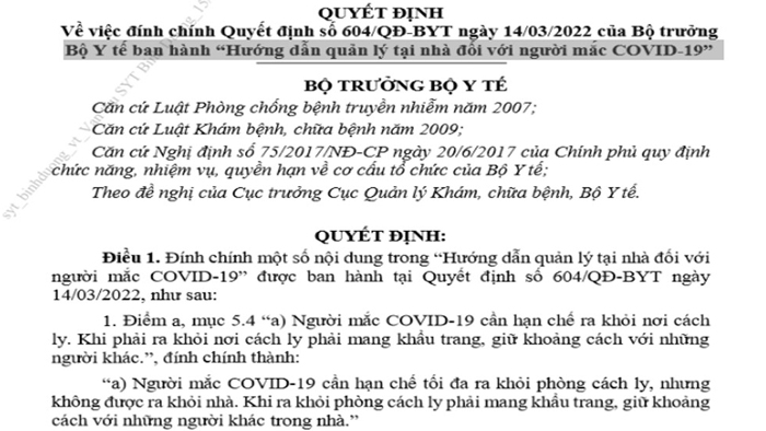 Bộ Y tế yêu cầu: F0 cần hạn chế tối đa ra khỏi phòng cách ly, không được ra khỏi nhà