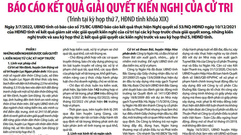 Báo cáo kết quả giải quyết kiến nghị của cử tri trình tại kỳ họp thứ 7, HĐND tỉnh khóa XIX