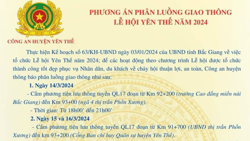 Phương án phân luồng giao thông tại Lễ hội kỷ niệm 140 năm Khởi nghĩa Yên Thế