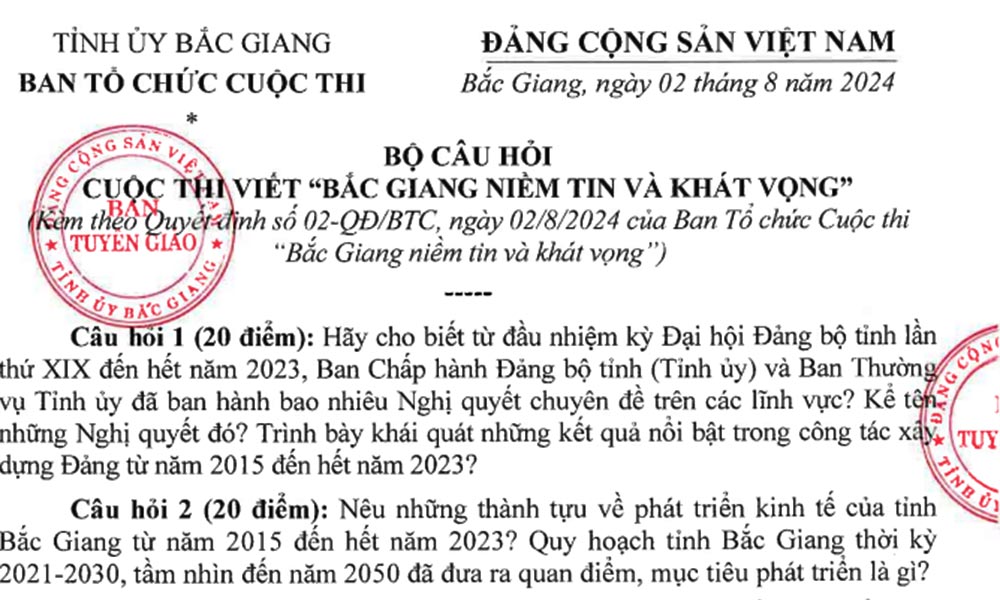 Bộ Câu hỏi phần thi viết Cuộc thi “Bắc Giang niềm tin và khát vọng”