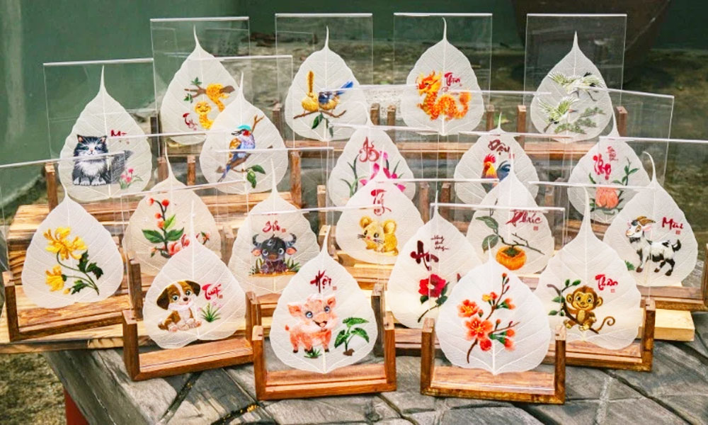 Unique art of embroidery on bodhi leaves