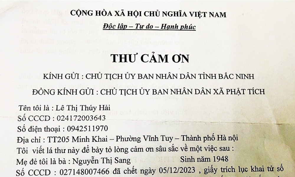  Công dân gửi Thư cảm ơn Chủ tịch UBND tỉnh Bắc Ninh và UBND xã Phật Tích 